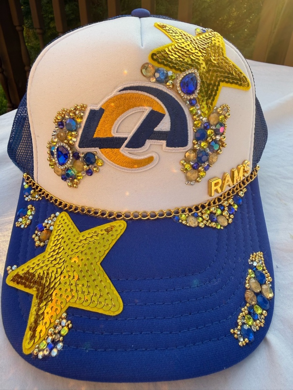 Embellished women’s  custom Trucker Hat - Blue & White with Gold Stars